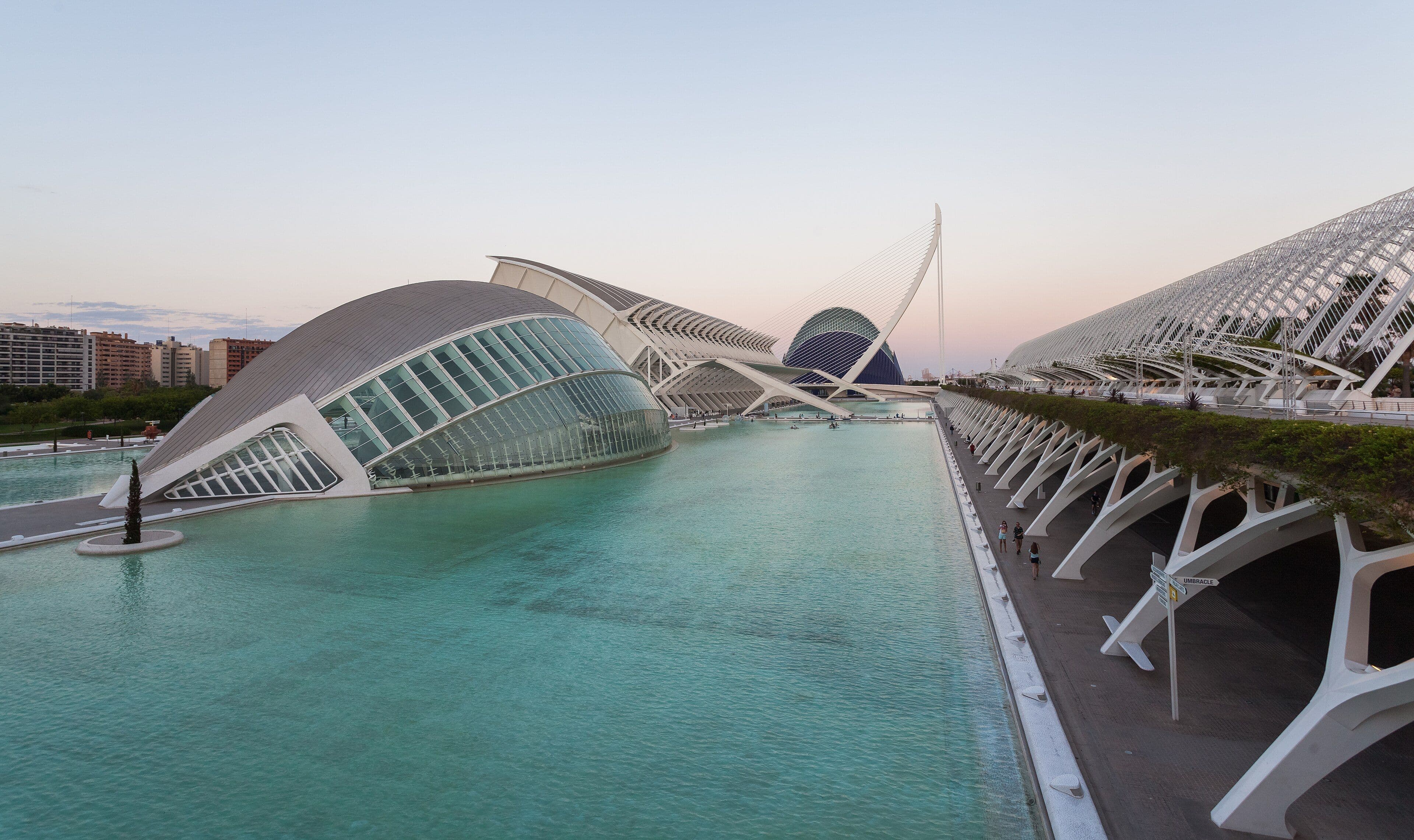 La Ciudad de las Artes y las Ciencias sobre sus estanques al atardecer